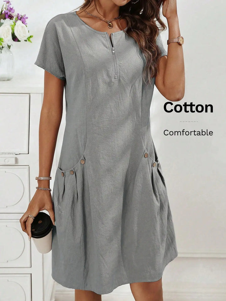 Women's Zip-Collar Pocket Dress — Short Sleeve Summer Knit Cotton Blend Dress