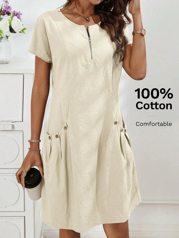 Women's Zip-Collar Pocket Dress — Short Sleeve Summer Knit Cotton Blend Dress
