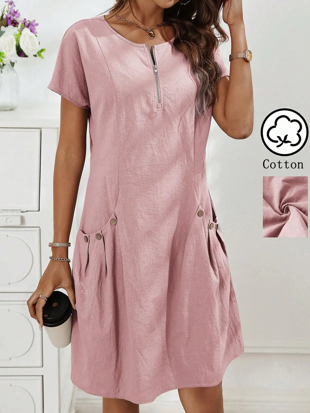 Women's Zip-Collar Pocket Dress — Short Sleeve Summer Knit Cotton Blend Dress