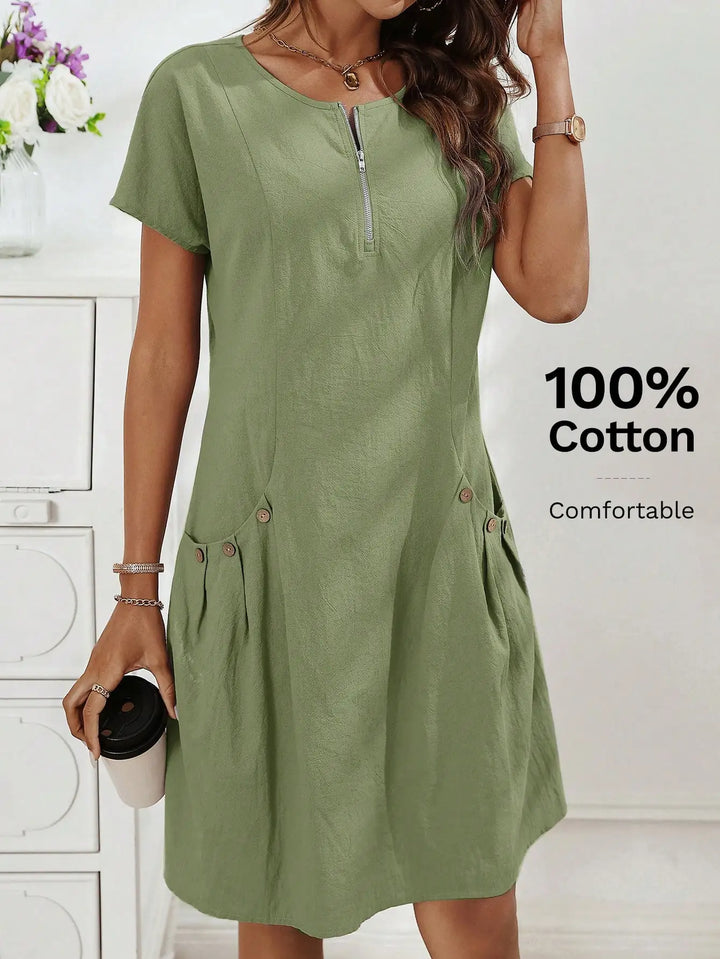 Women's Zip-Collar Pocket Dress — Short Sleeve Summer Knit Cotton Blend Dress