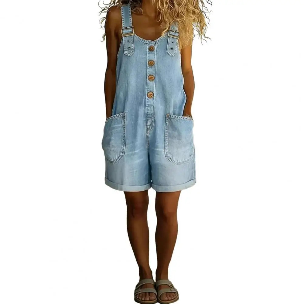 Saylor - Vintage short Cotton Denim-Look Overalls with Adjustable straps