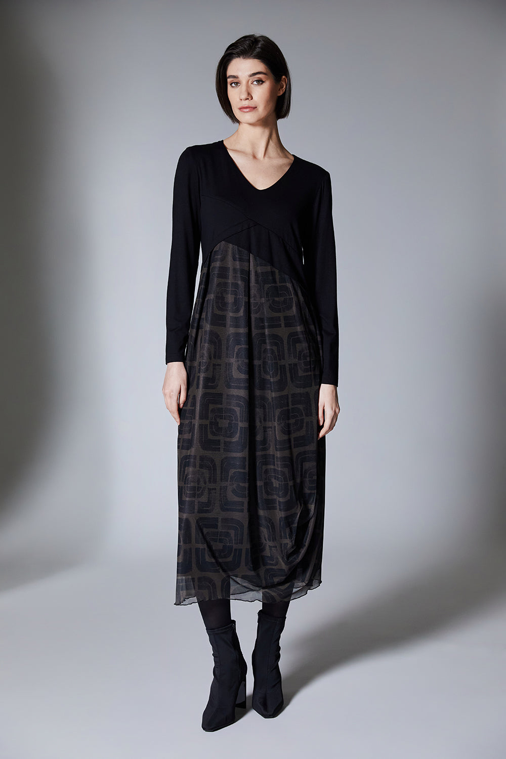 Maeve | Black midi dress in jersey and mesh
