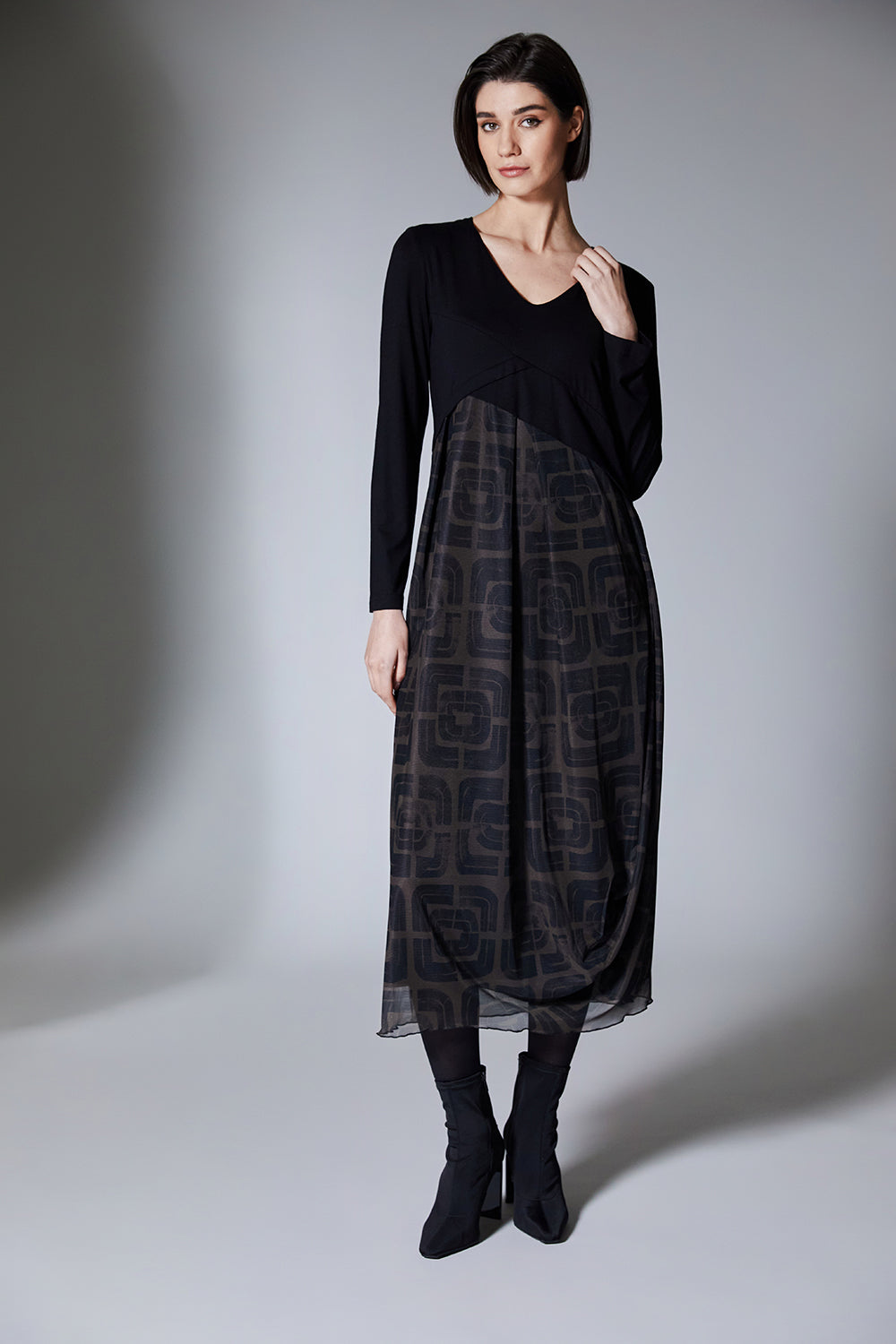 Maeve | Black midi dress in jersey and mesh