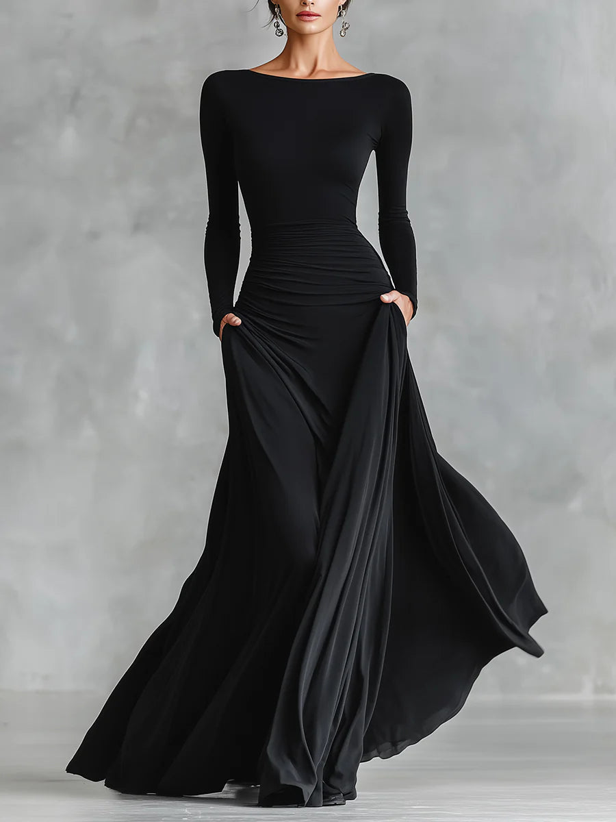 Etna | Modern long dress in black crepe with boat neck and pleats