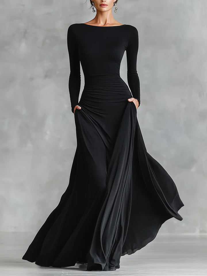 Etna | Modern long dress in black crepe with boat neck and pleats