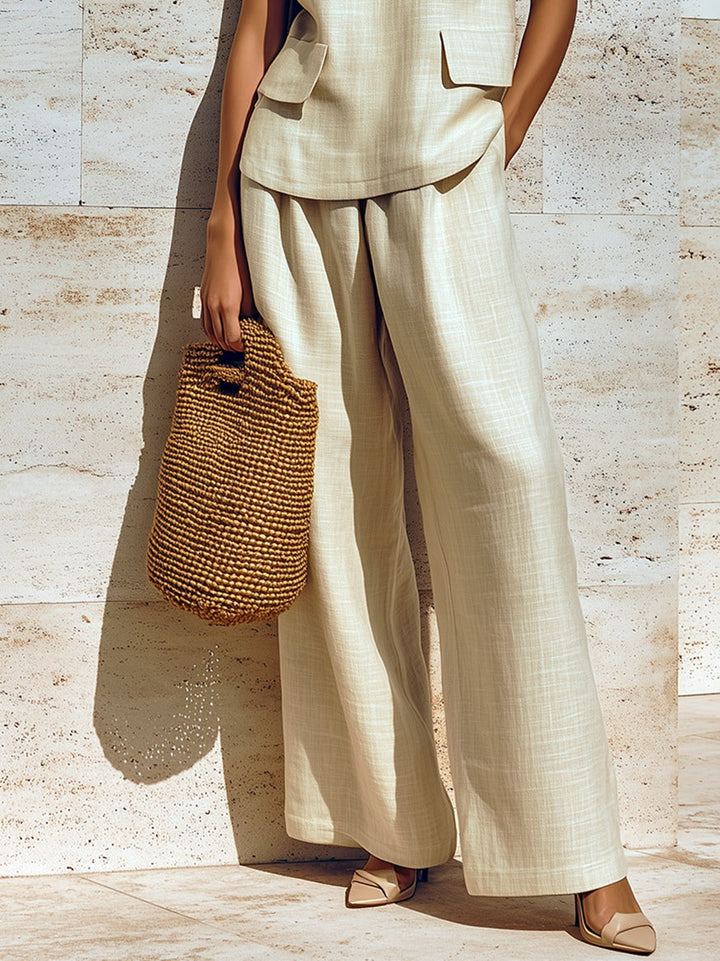 Beige V-neck Sleeveless Loose Vest And Wide-leg Pants Two-piece Set