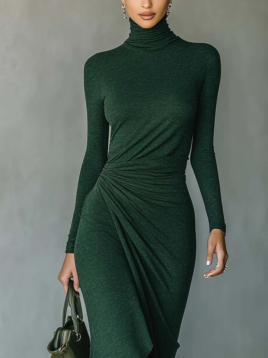 Aislinn | Dark green asymmetric midi dress with wrap details, pleats, and high collar