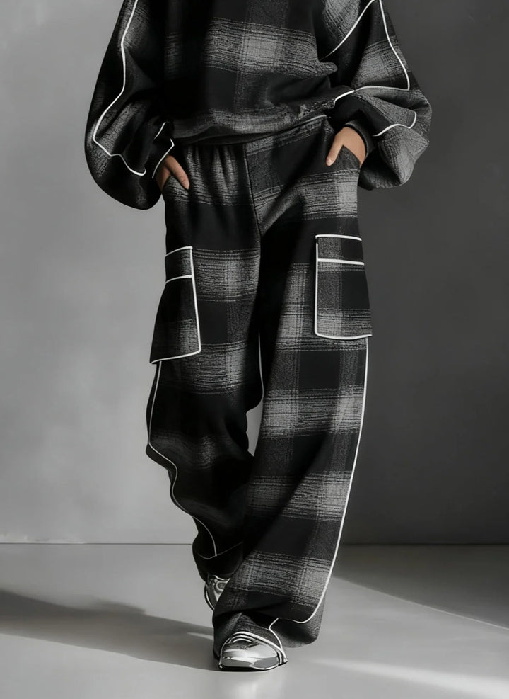 Red-Grey Plaid Contrast Sweatsuit Set