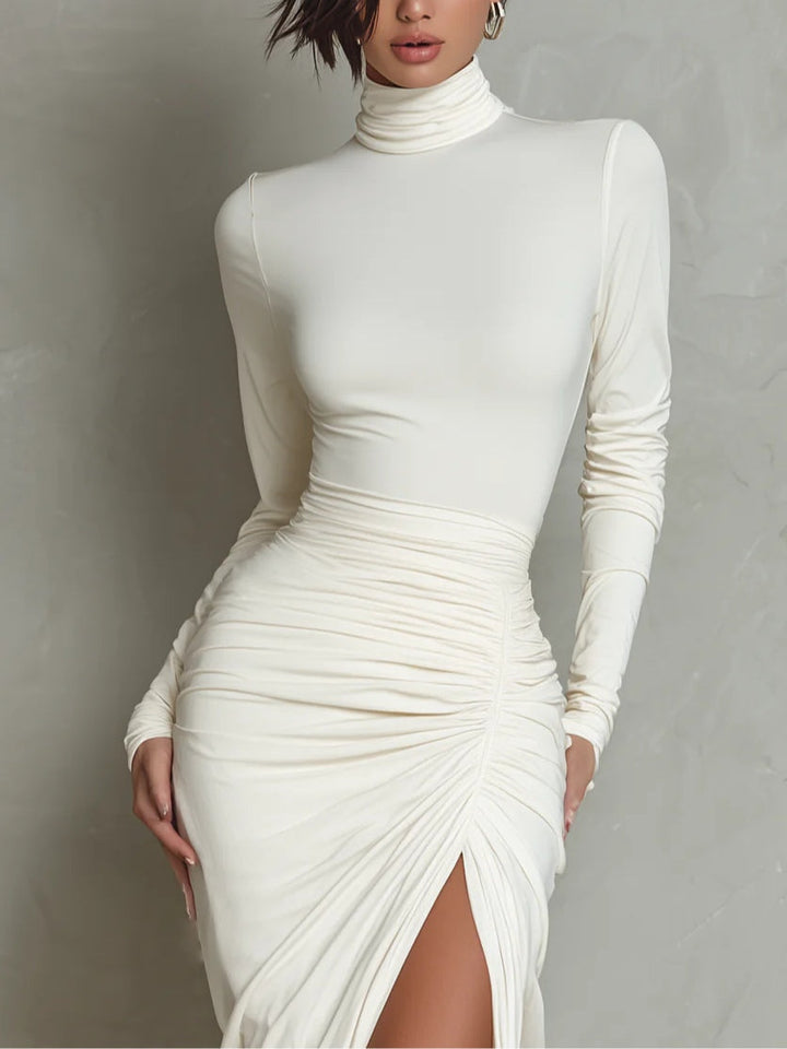 Scáthach | White pleated midi dress with high neck and long sleeves
