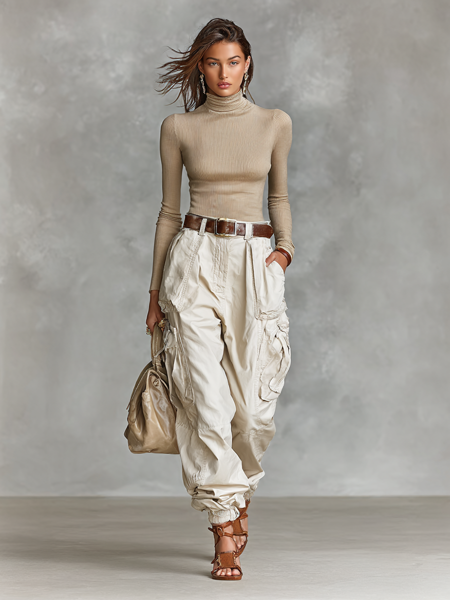Women's Tight High Neck Long Sleeve T-shirt Multi-pocket Cargo Pants Two-piece Set (without Belt)