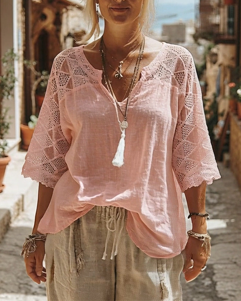 V-Neck Blouse with Lace Detail