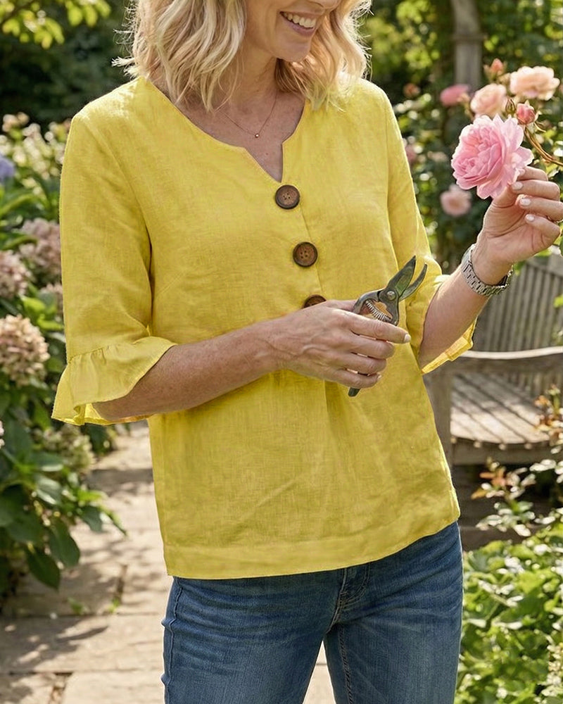 V-Neck Blouse with Wooden Buttons and Ruffled Sleeves
