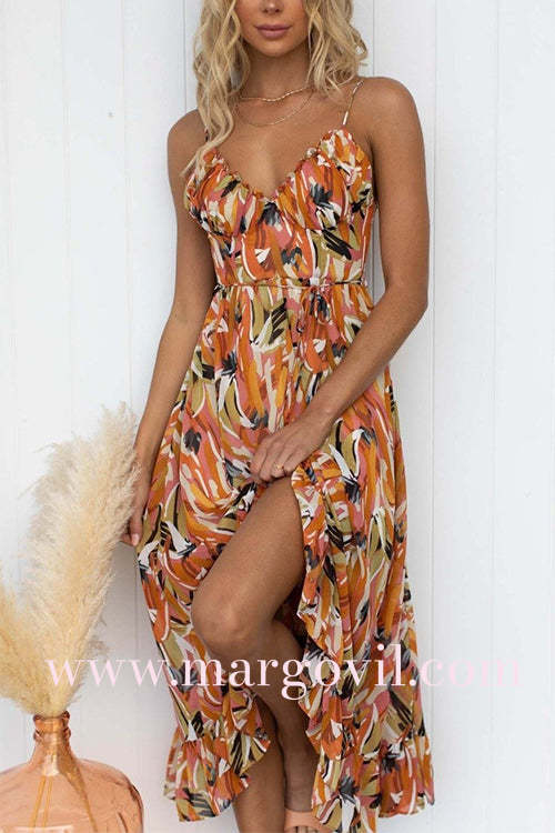 V Neck Tie Waist Abstract Print Midi Cami Dress