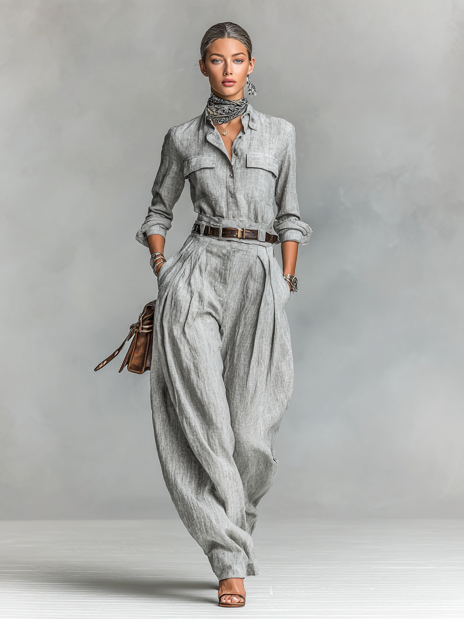 Cotton-linen Blend Long-sleeved Shirt And Trousers Two-piece Set (belt Not Included)