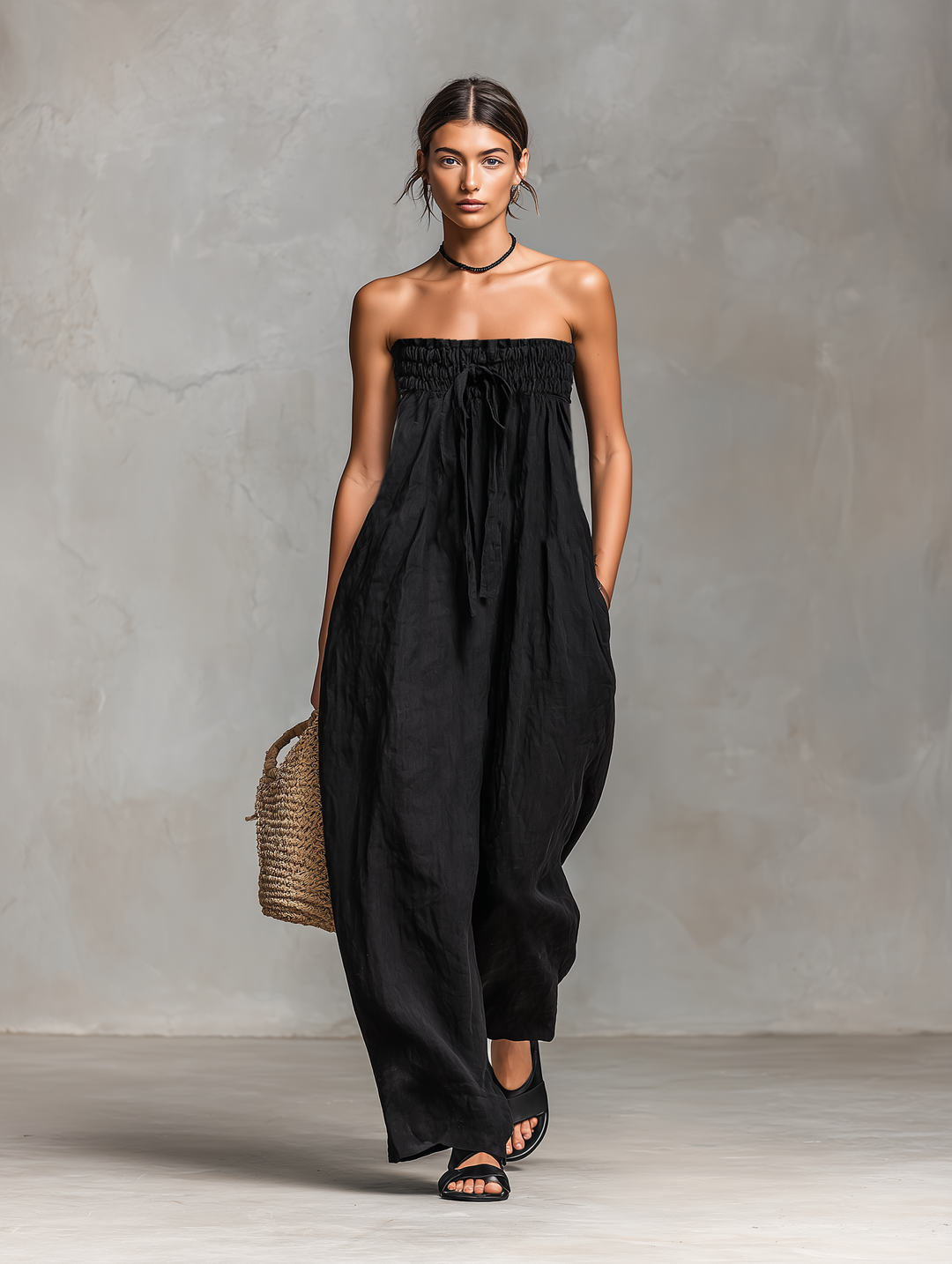 Loose-Fit Linen-Blend Strapless Tie Jumpsuit