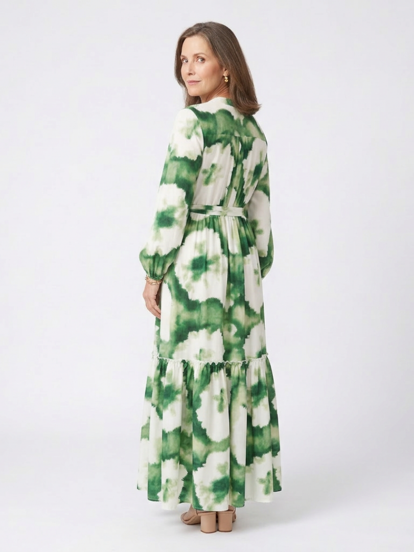 Sabine | Maxi dress with long sleeves, tie belt, and ruffles