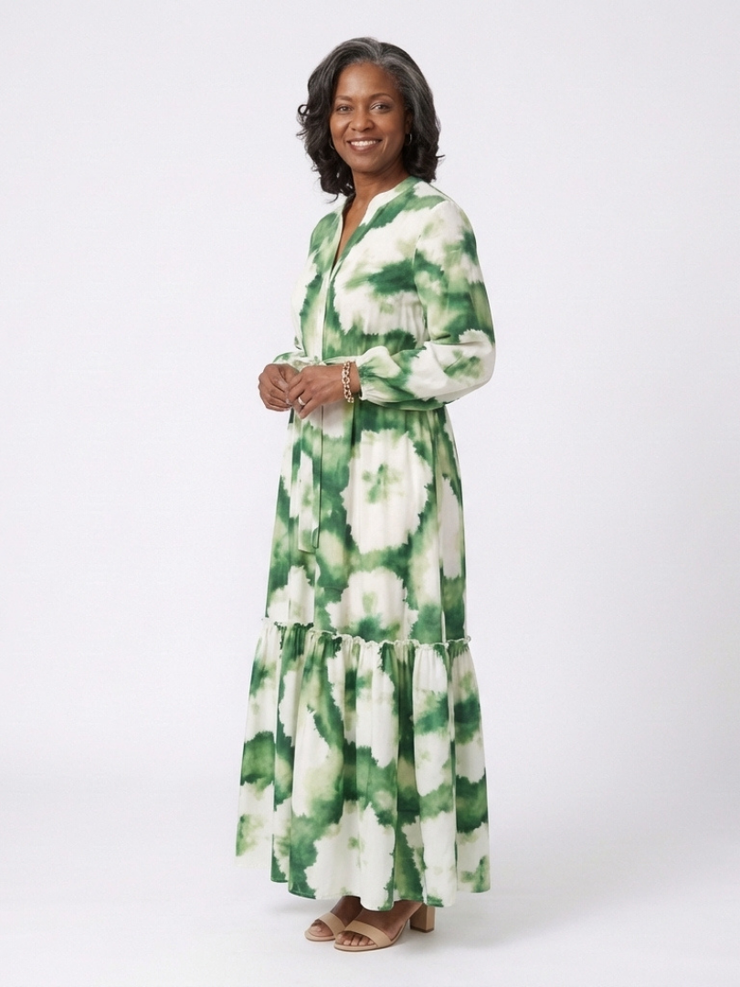 Sabine | Maxi dress with long sleeves, tie belt, and ruffles