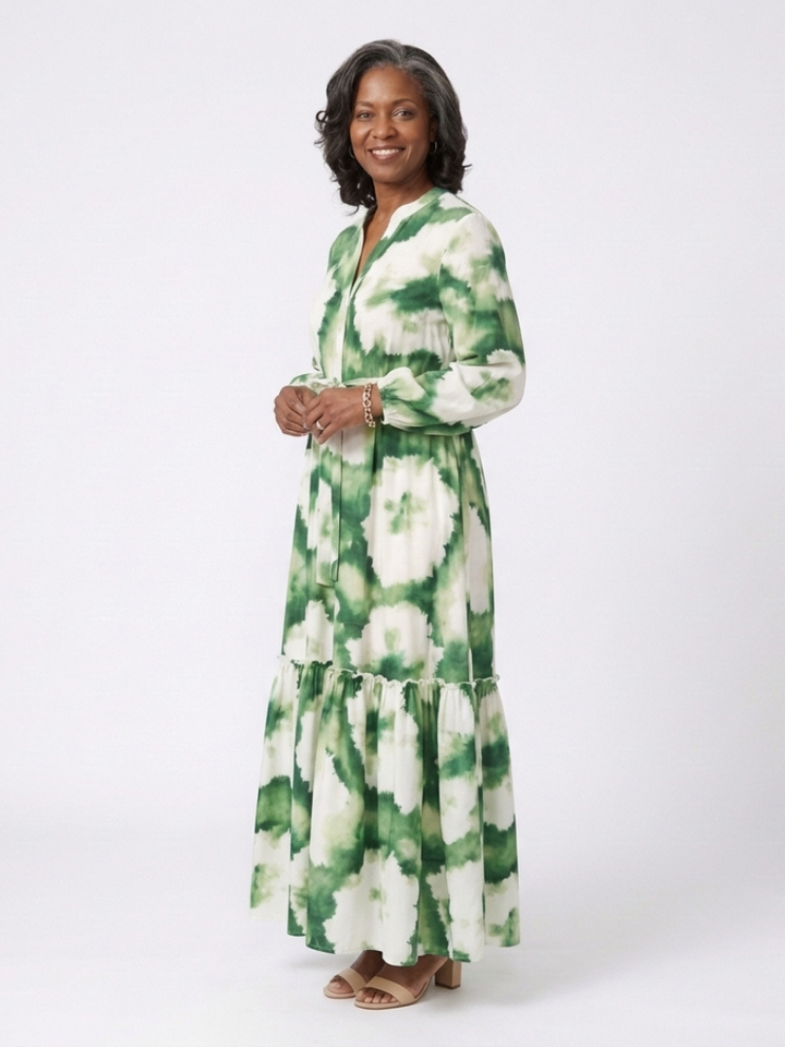 Sabine | Maxi dress with long sleeves, tie belt, and ruffles