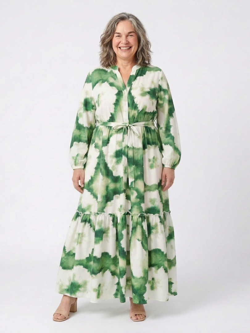 Sabine | Maxi dress with long sleeves, tie belt, and ruffles