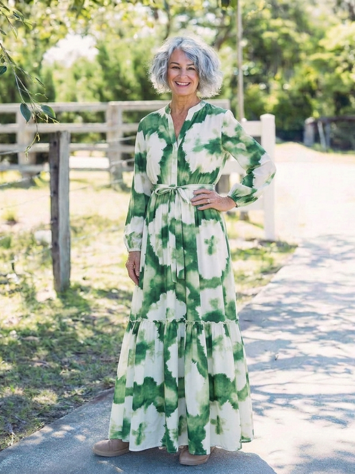 Sabine | Maxi dress with long sleeves, tie belt, and ruffles