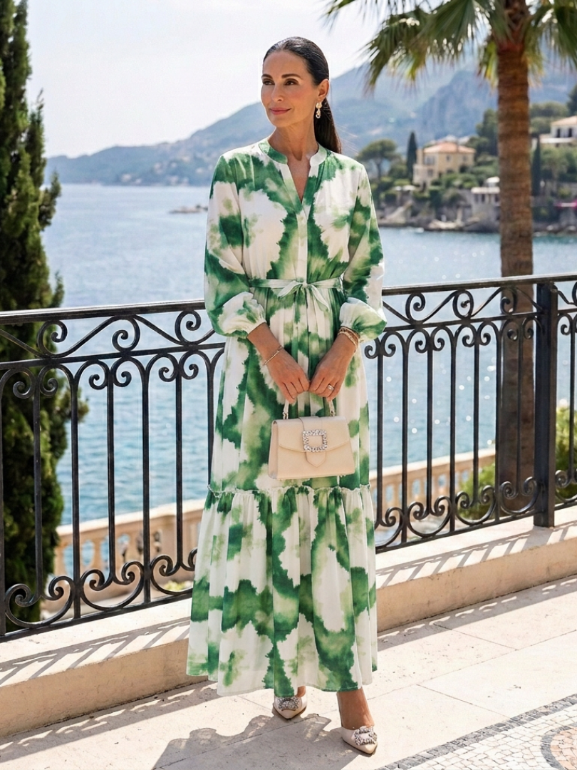 Sabine | Maxi dress with long sleeves, tie belt, and ruffles