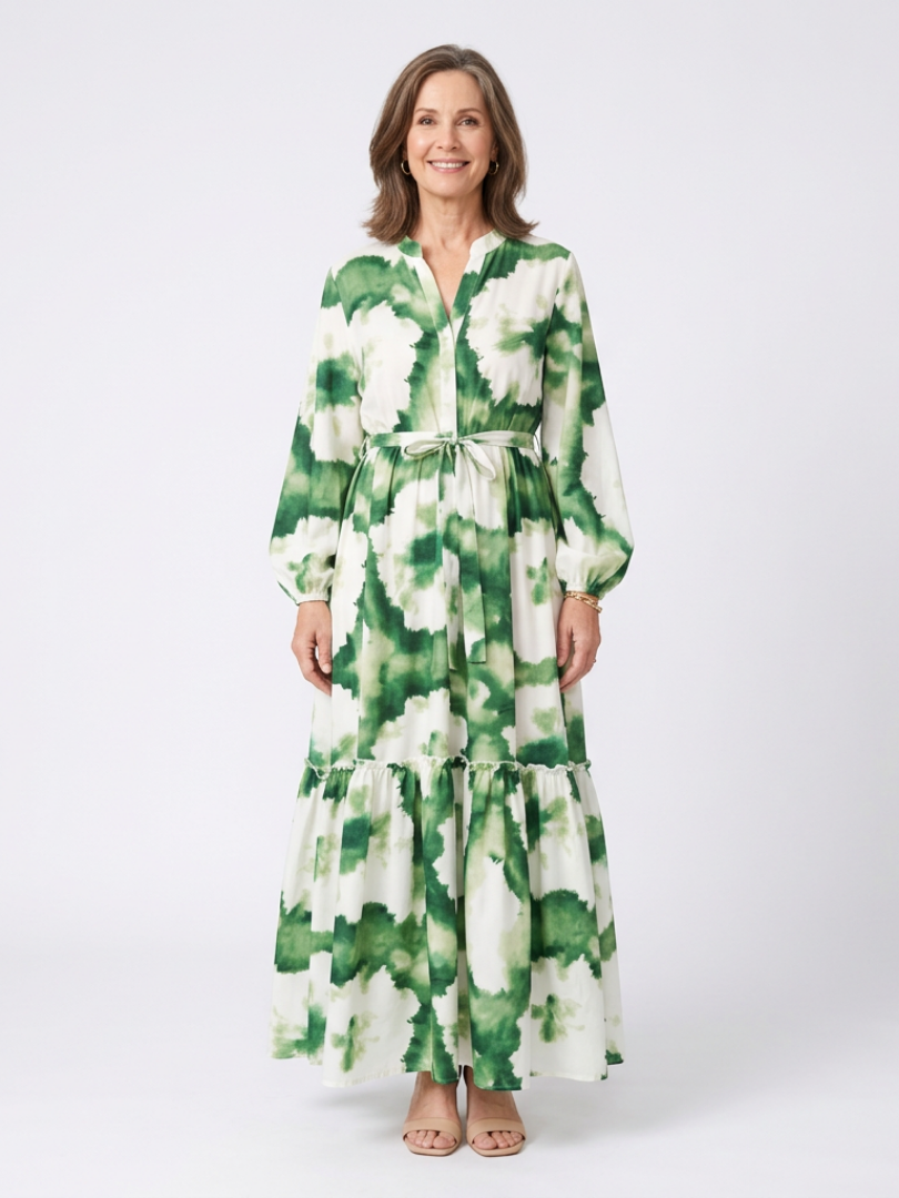 Sabine | Maxi dress with long sleeves, tie belt, and ruffles