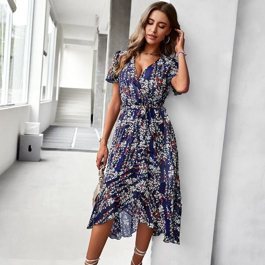 Noa™ Donkerblauwe Midi Jurk Met Bohemian Bloemen Print