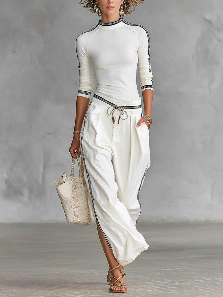 Women's Sports Half-high-neck Long-sleeved T-shirt Drawstring Wide-leg Pants Two-piece Set