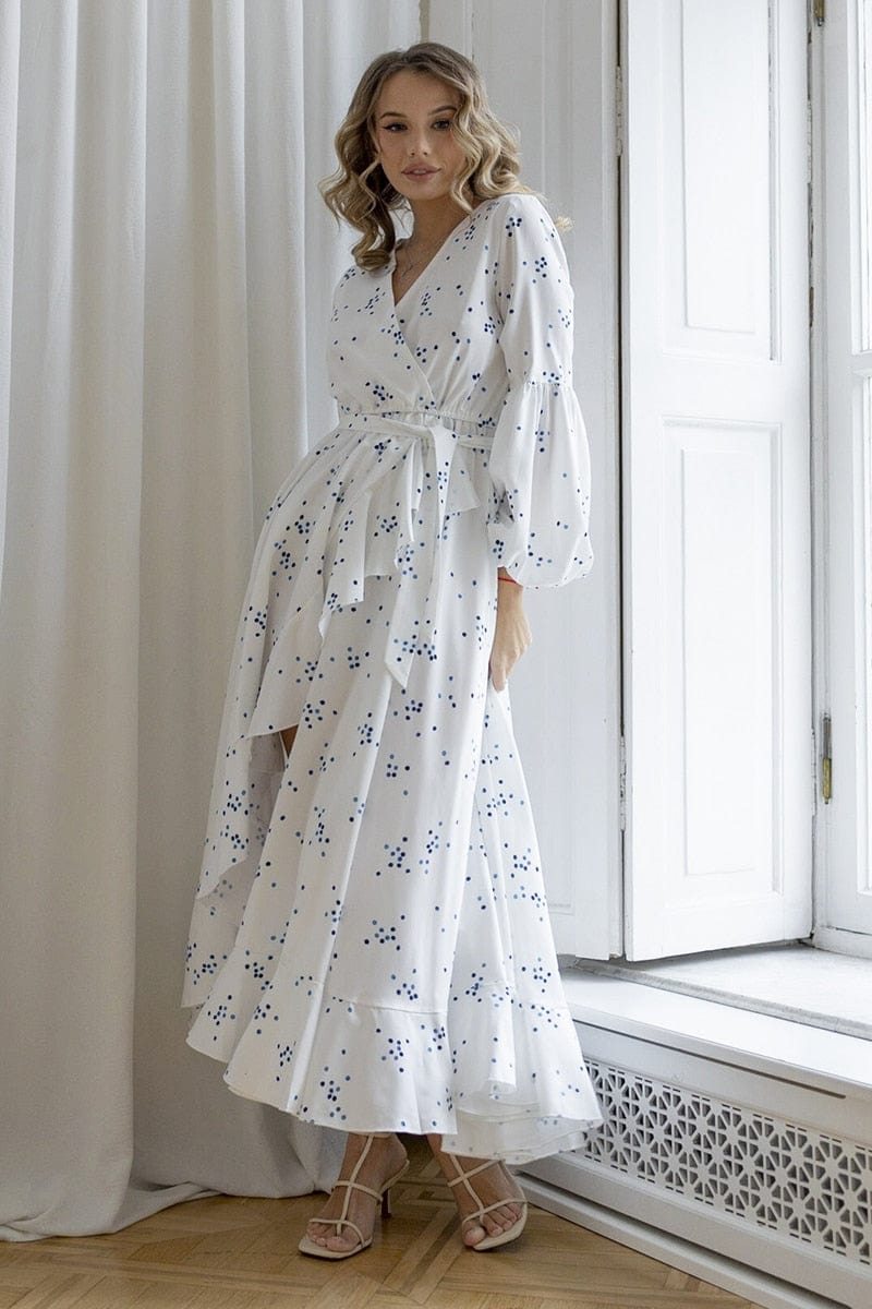 Milou™ Witte Boho Chique Jurk met Blauwe Polka Dot