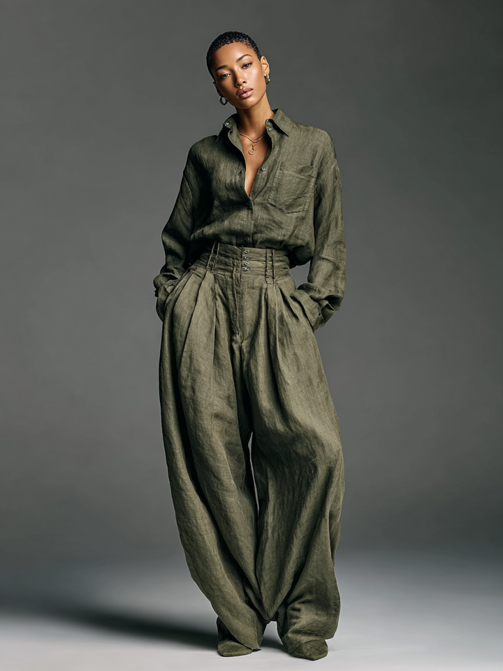 Women's Fashion Cotton And Linen Blended Long Sleeve Shirt Wide Leg Pants Two-Piece Set