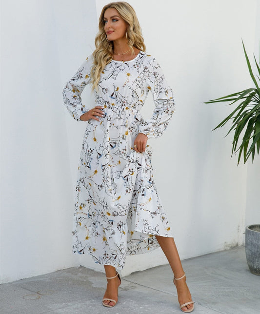 Mia™ Feestelijke Witte Bohemian Jurk Met Bloemen Print Midi