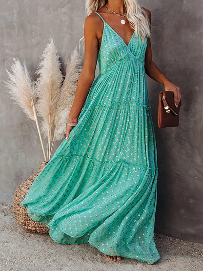 Evi™ Groene Maxi Jurk Met V-hals En Zomers Ibiza Printje