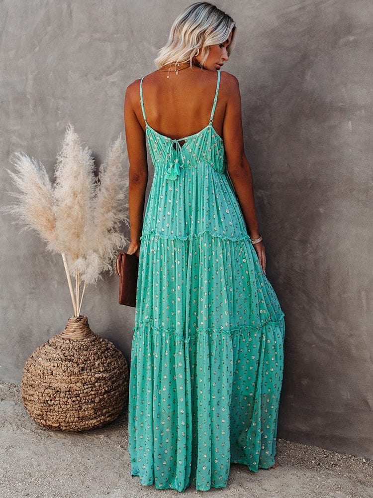 Evi™ Groene Maxi Jurk Met V-hals En Zomers Ibiza Printje