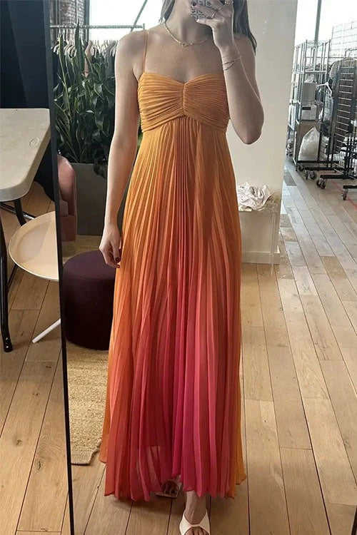 Ruched Back Lace-up Gradient Pleated Maxi Cami Dress