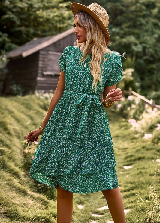 Nova™ - Korte Groene Bohemian Jurk Met Print
