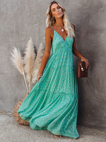 Evi™ Groene Maxi Jurk Met V-hals En Zomers Ibiza Printje