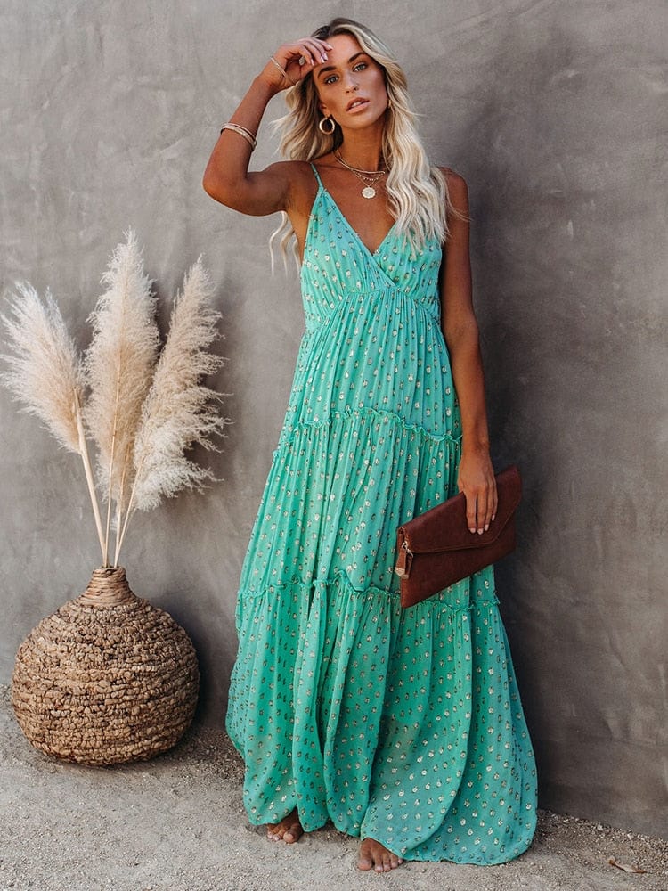 Evi™ Groene Maxi Jurk Met V-hals En Zomers Ibiza Printje