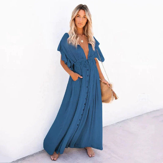Anouk™ - Maxi Marineblauwe Ibiza Strandjurk