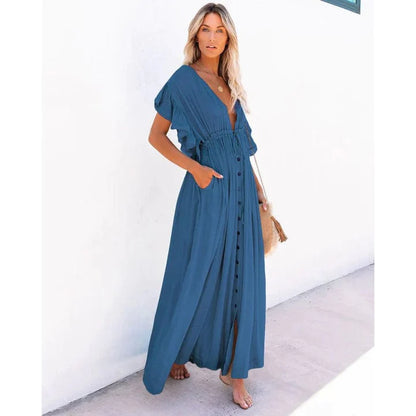 Anouk™ - Maxi Marineblauwe Ibiza Strandjurk