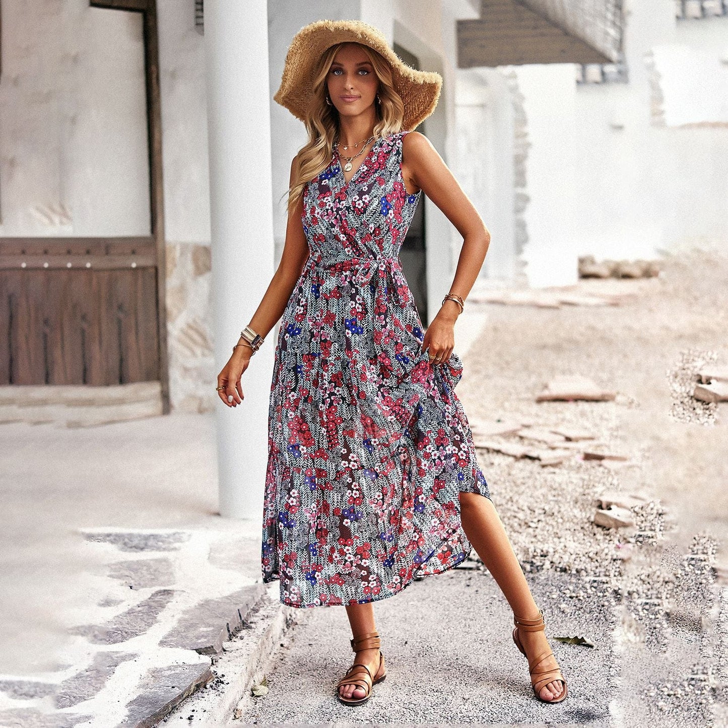 Lannah™ - Rode Midi Feestelijke Boho Lente Jurk Met V-hals
