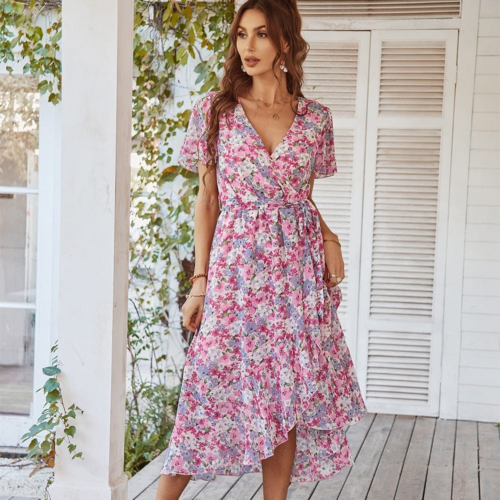 Fenna™ Roze Midi Jurk Met Bohemian Bloemen Print