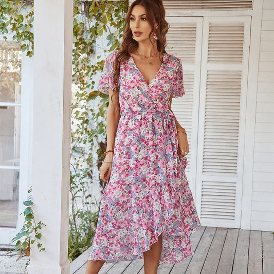 Fenna™ Roze Midi Jurk Met Bohemian Bloemen Print