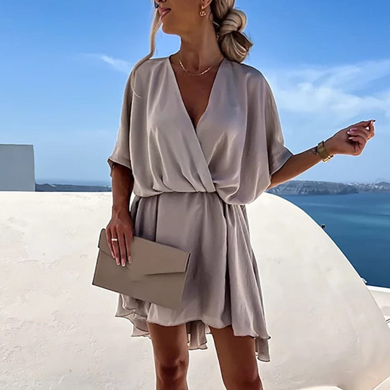 Lina™ - Beige Boho Jurk Met V-hals