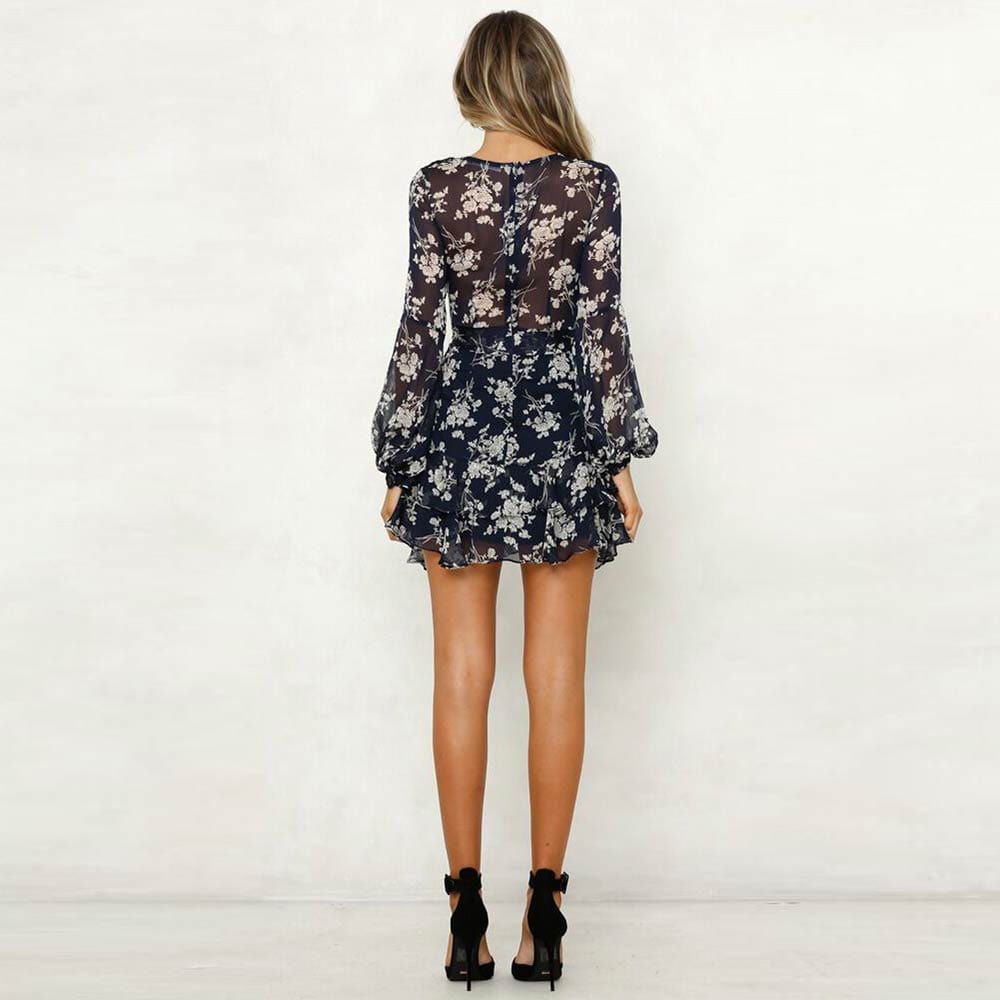 Carlijne™ - Korte Blauwe Lente Jurk Met V-hals En Blauwe Bloemenprint