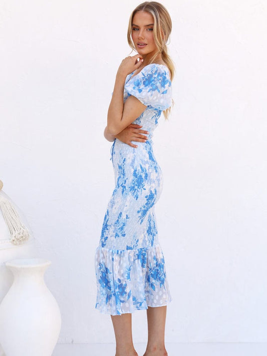 Lena™ Blauwe Midi Mermaid Jurk Met Puff Mouwen