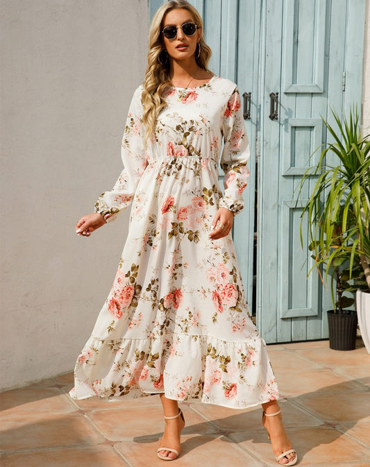 Julia™ Witte Long Sleeve Maxi Jurk Met Zomerse Bloemenprint